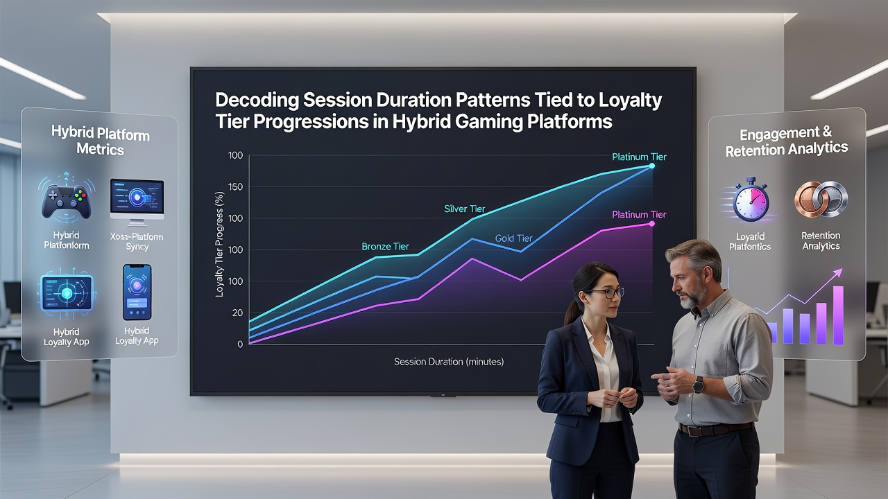 Infographic illustrating loyalty tier progression rates connected to average play session times