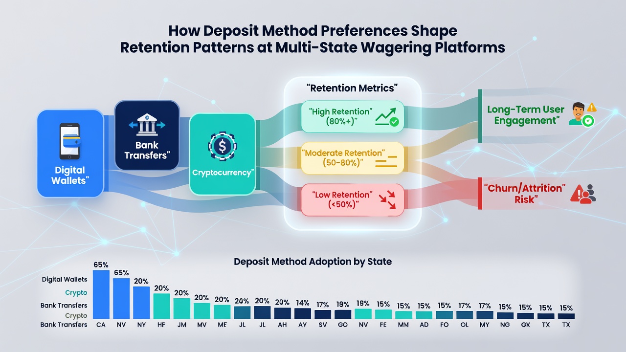 Data visualization of retention rates by deposit method type in multi-state sports wagering environments