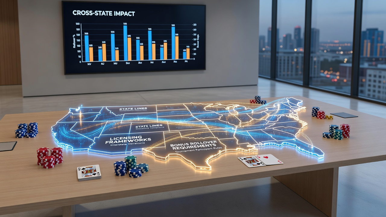 Poker tournament players reviewing licensing and bonus terms on digital platforms