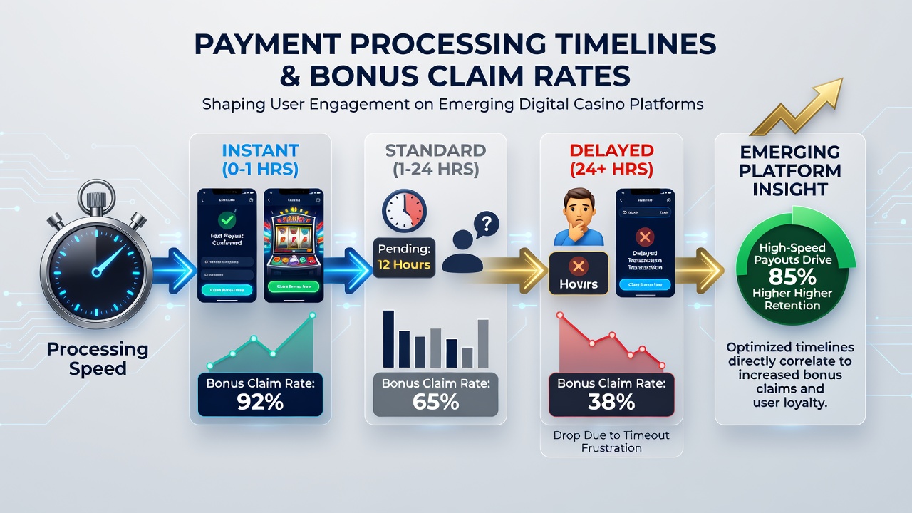 Analytics dashboard displaying bonus claim rates alongside payment processing time metrics for multiple casino platforms