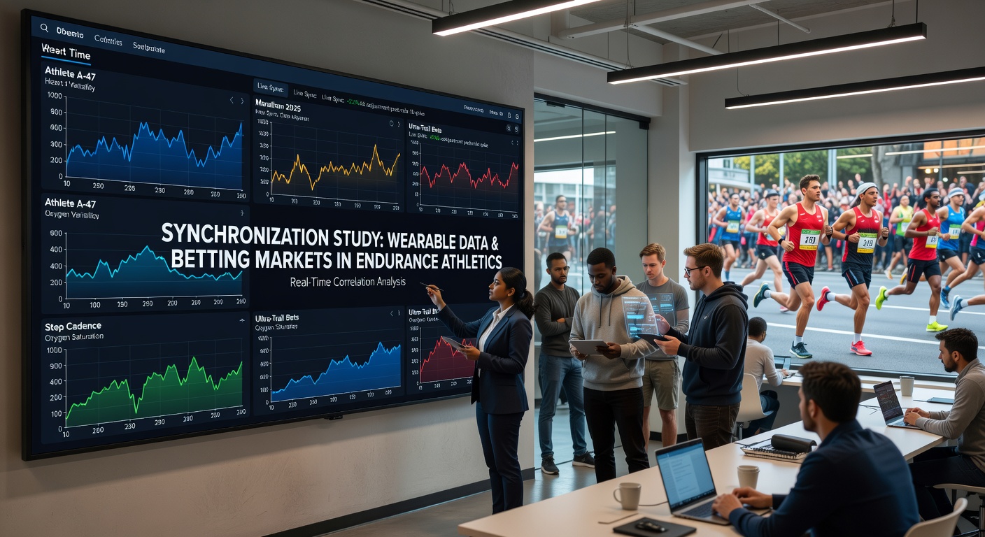 Wearable devices tracking athlete performance during an endurance race with betting interfaces visible on screens