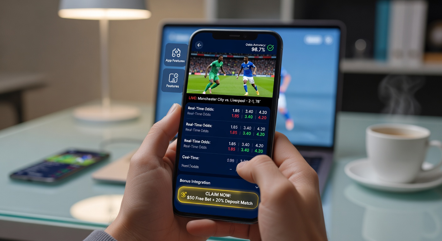 Mobile screen showing live soccer match with betting odds overlay and app interface features highlighted