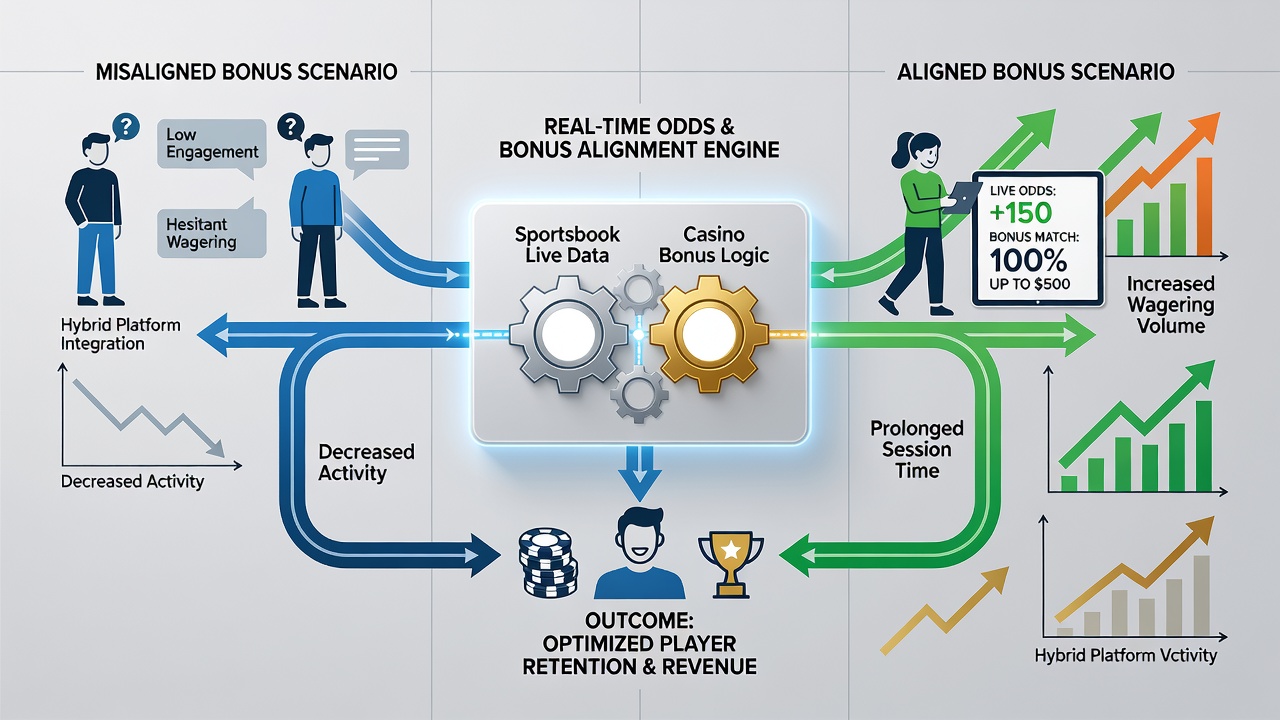 Analytics dashboard displaying player engagement metrics and odds synchronization in hybrid gaming applications
