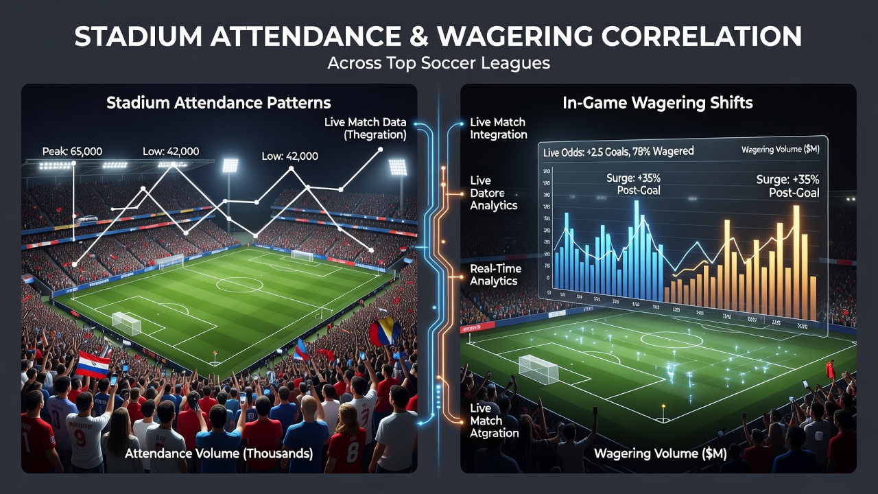 Soccer stadium packed with fans during a live match, showing attendance patterns that influence betting markets
