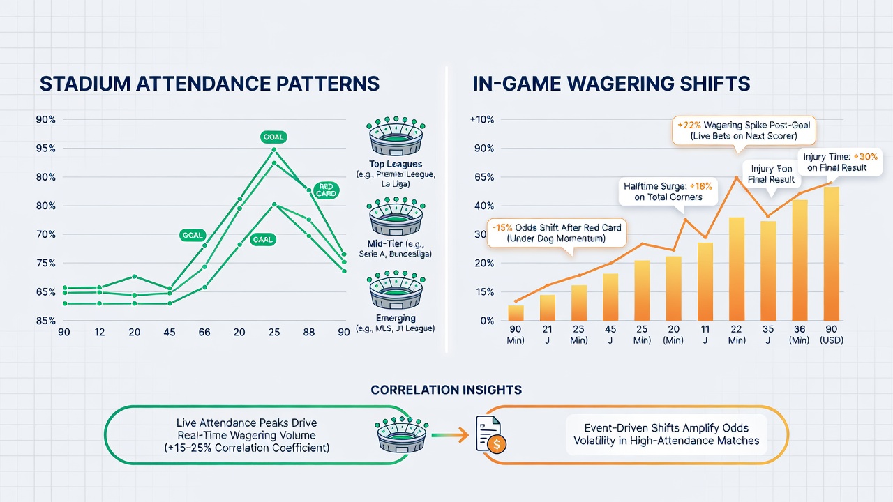 Live soccer betting interface displaying in-game odds shifts during a match with high stadium attendance