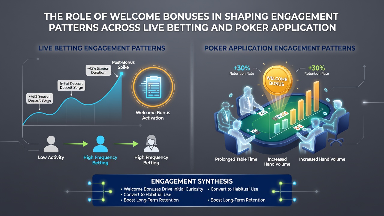 Analytics dashboard displaying engagement metrics for betting and poker apps, with bar charts comparing bonus users to non-bonus users over a 30-day period