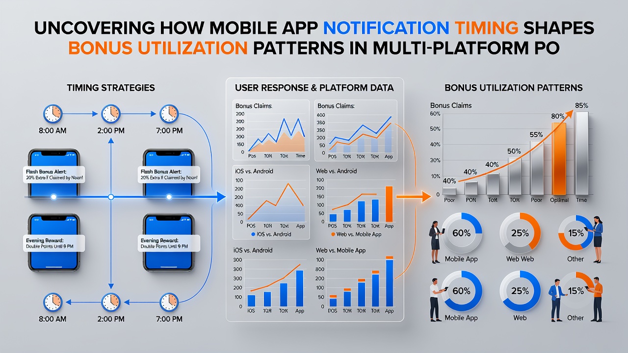 Data visualization of bonus utilization rates by notification timing in multi-platform gaming apps